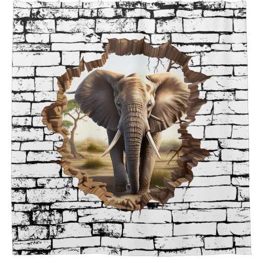 3D Elephant Wall Break Art – Realistic Safari (2) Douchegordijn (Voorkant)