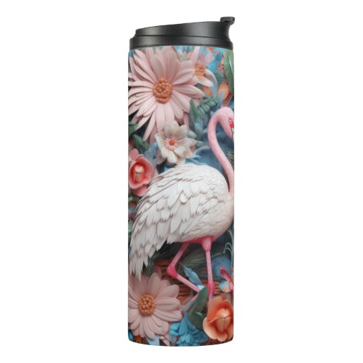 3d Flamingo met bloemen Thermosbeker (Gedraaid links)