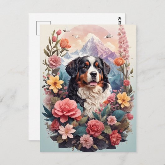 3D Floral Fantasy Berner Mountain Dog Birds Uitzic Briefkaart (Voorkant / Achterkant)