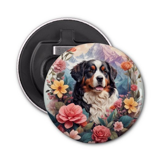 3D Floral Fantasy Berner Mountain Dog Birds Uitzic Button Flesopener (Voorkant)
