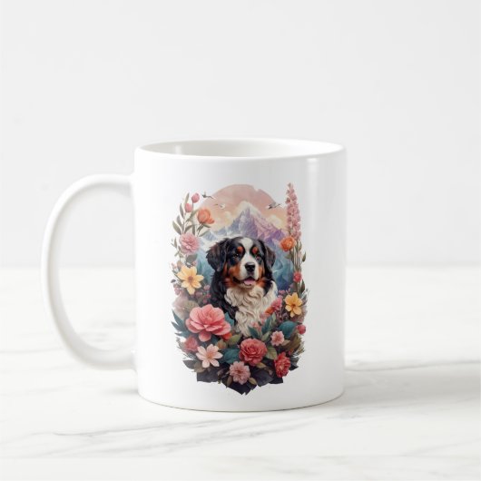 3D Floral Fantasy Berner Mountain Dog Birds Uitzic Koffiemok (Links)