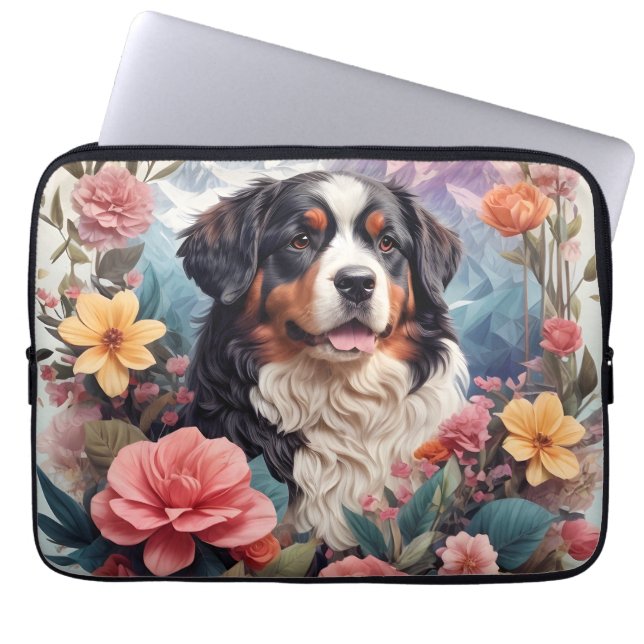 3D Floral Fantasy Berner Mountain Dog Birds Uitzic Laptop Sleeve (Voorkant)