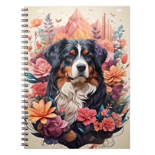 3D Floral Fantasy Berner Mountain Dog Birds Uitzic Notitieboek (Voorkant)