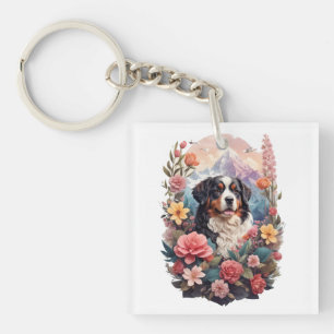 3D Floral Fantasy Berner Mountain Dog Birds Uitzic Sleutelhanger