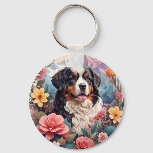 3D Floral Fantasy Berner Mountain Dog Birds Uitzic Sleutelhanger (Voorkant)