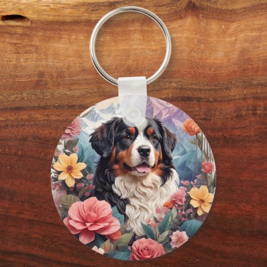 3D Floral Fantasy Berner Mountain Dog Birds Uitzic Sleutelhanger (Voorkant)