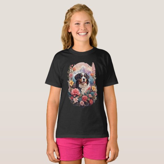 3D Floral Fantasy Berner Mountain Dog Birds Uitzic T-shirt (Voorkant volledig)