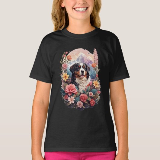 3D Floral Fantasy Berner Mountain Dog Birds Uitzic T-shirt (Voorkant)