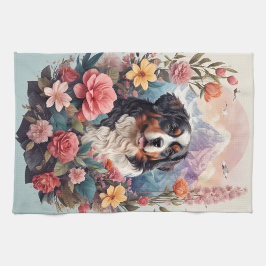 3D Floral Fantasy Berner Mountain Dog Birds Uitzic Theedoek (Horizontaal)
