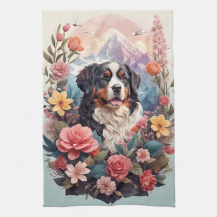 3D Floral Fantasy Berner Mountain Dog Birds Uitzic Theedoek
