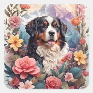 3D Floral Fantasy Berner Mountain Dog Birds Uitzic Vierkante Sticker