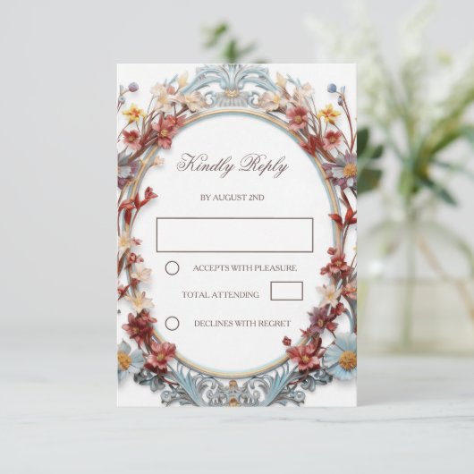 3D Floral Frame Modern White RSVP Kaartje (Staand voorkant)