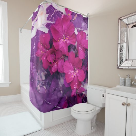 3D Floral Fuchsia & Purple Marble Art Coverage Douchegordijn (In situ)