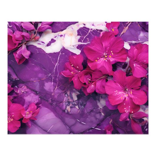 3D Floral Fuchsia & Purple Marble Art Foto Afdruk (Voorkant)