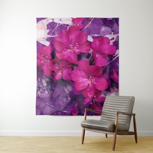 3D Floral Fuchsia & Purple Marble Art Wandkleed (In situ)