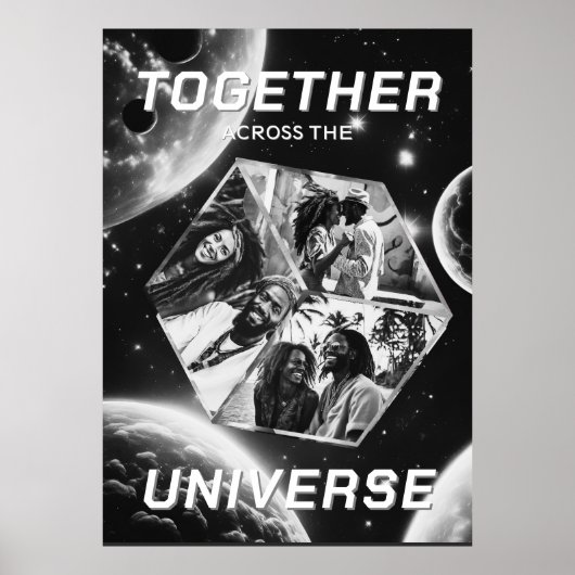 3D Fotowürfel im Weltraum mit Planeten Poster (Voorkant)