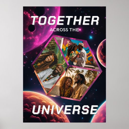 3D Fotowürfel im Weltraum mit Planeten Poster (Voorkant)