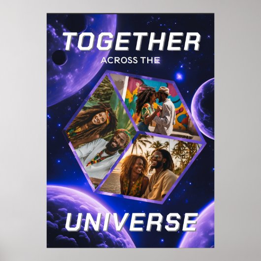 3D Fotowürfel im Weltraum mit Planeten Poster (Voorkant)