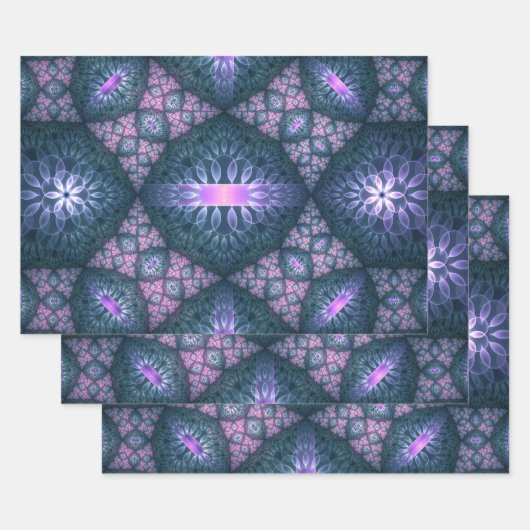3D Fractal Art Abstract Pattern Blue Purple Pink Inpakpapier Vel (Set)