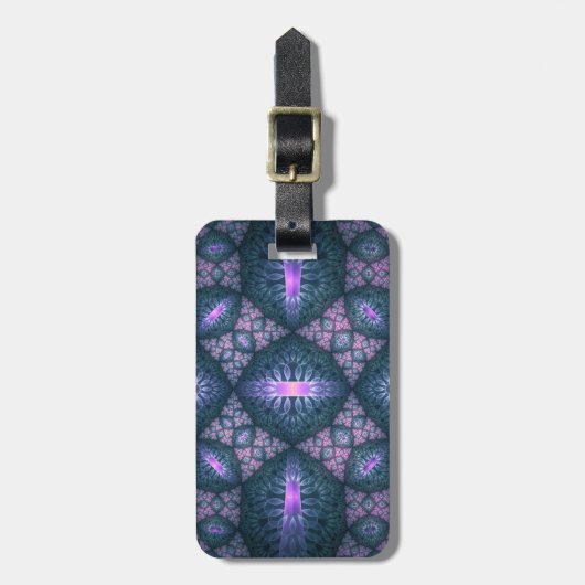 3D Fractal Art Pattern Turquoise Paars Pink Bagagelabel (Voorkant verticaal)