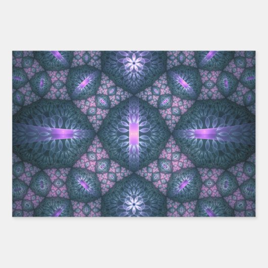 3D Fractal Art Pattern Turquoise Paars Pink Inpakpapier Vel (Voorkant)