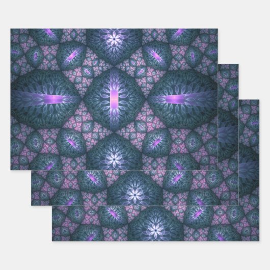 3D Fractal Art Pattern Turquoise Paars Pink Inpakpapier Vel (Set)