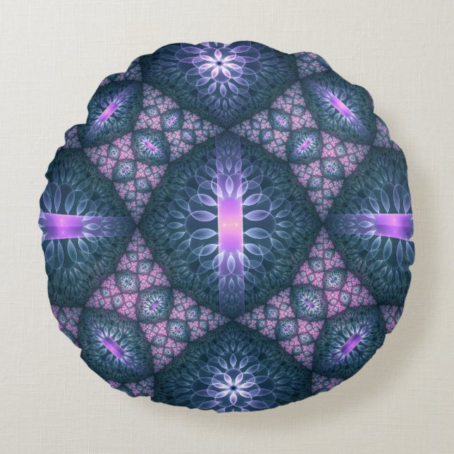 3D Fractal Art Pattern Turquoise Paars Pink Rond Kussen (Voorkant)