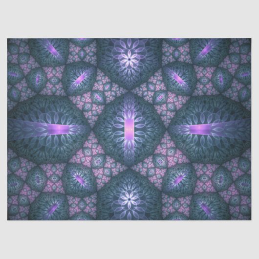 3D Fractal Art Pattern Turquoise Paars Pink Tissuepapier (Voorkant)