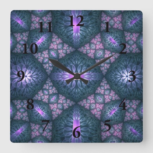 3D Fractal Art Pattern Turquoise Paars Pink Vierkante Klok (Voorkant)
