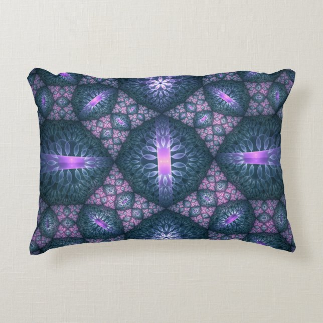 3D Fractal Kunstpatroon Turquoise Paars Roze Accent Kussen (Voorkant)