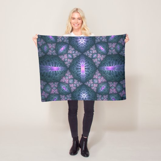 3D Fractal Kunstpatroon Turquoise Paars Roze Fleece Deken (In situ)