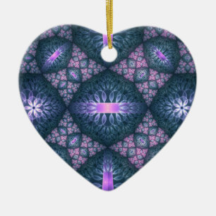 3D Fractal Kunstpatroon Turquoise Paars Roze Hart Keramisch Ornament