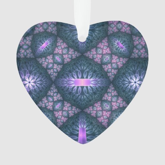3D Fractal Kunstpatroon Turquoise Paars Roze Hart Ornament (voorkant)