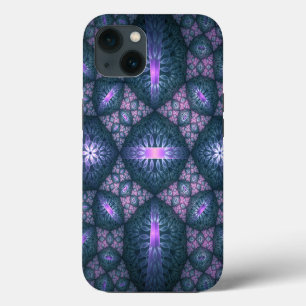 3D Fractal Kunstpatroon Turquoise Paars Roze iPhone 13 Hoesje