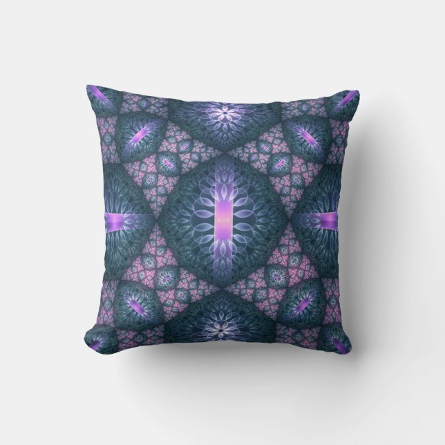 3D Fractal Kunstpatroon Turquoise Paars Roze Kussen (Voorkant)
