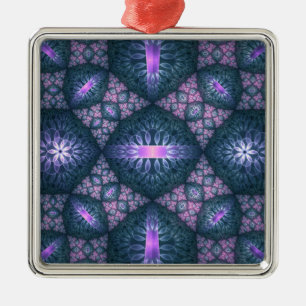 3D Fractal Kunstpatroon Turquoise Paars Roze Metalen Ornament