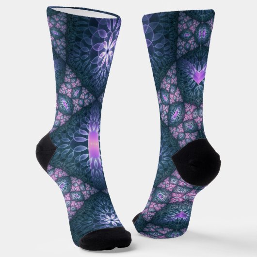 3D Fractal Kunstpatroon Turquoise Paars Roze Sokken (Gebogen)