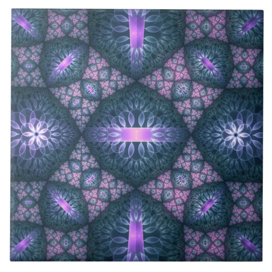 3D Fractal Kunstpatroon Turquoise Paars Roze Tegeltje (Voorkant)