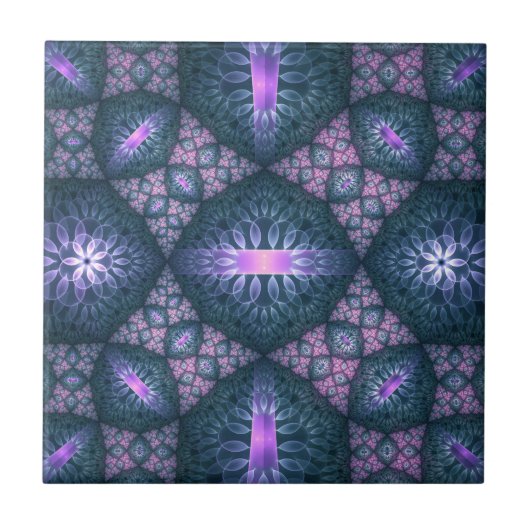 3D Fractal Kunstpatroon Turquoise Paars Roze Tegeltje (Voorkant)