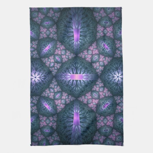 3D Fractal Kunstpatroon Turquoise Paars Roze Theedoek (Verticaal)