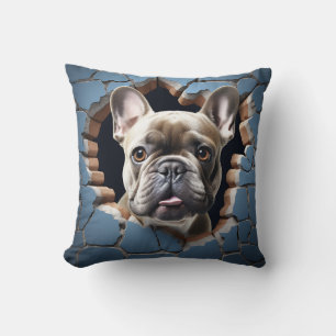 3D Franse Bulldog Gebarsten Gat Blauwe Muur Kussen