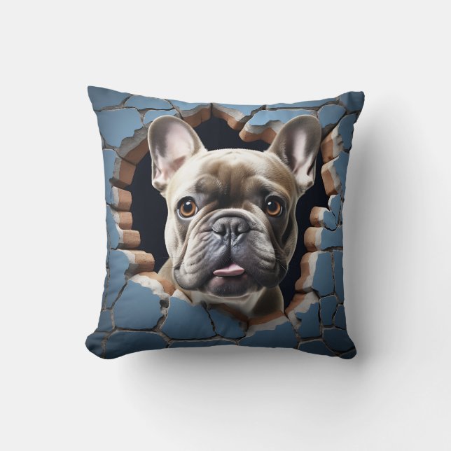 3D Franse Bulldog Gebarsten Gat Blauwe Muur Kussen (Voorkant)
