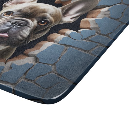 3D Franse Bulldog Gebarsten Gat Blauwe Muur Snijplank (Hoek)