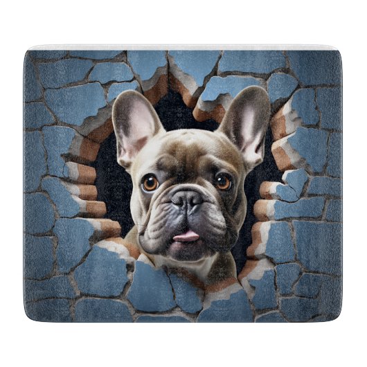 3D Franse Bulldog Gebarsten Gat Blauwe Muur Snijplank (Voorkant)