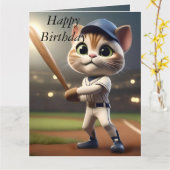 3D Funny Baseball Cat, Grote Verjaardag Kaart (Gele Bloem)
