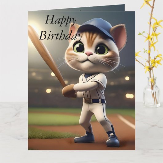 3D Funny Baseball Cat, Grote Verjaardag Kaart (Gele Bloem)