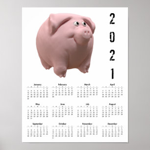 3D Funny Pig. 2 Witte Kalender Poster 2021