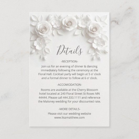 3D gebeeldhouwde rozen Minimalistisch wit Informatiekaartje (Voorkant)