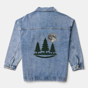 3D Geborduurd Bos Dennenbomen & Volle Maan Denim Jacket