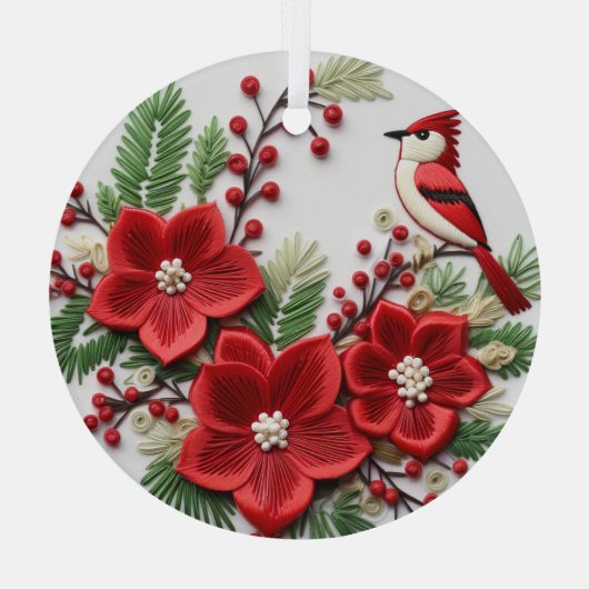 3D Geborduurde Kardinale Kerstversieringen Glas Ornament (Achterkant)